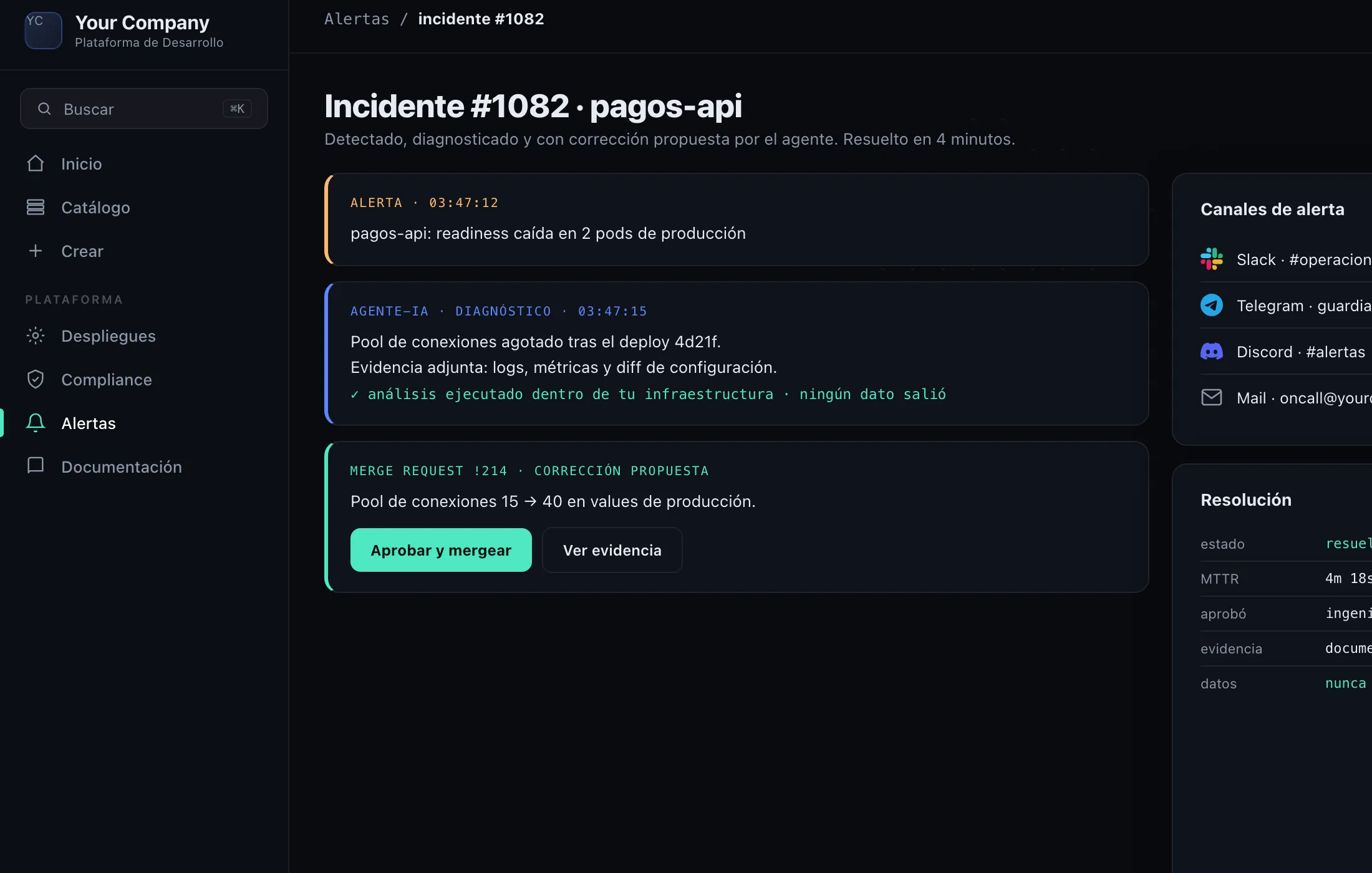 Agente de IA: incidente diagnosticado y corrección propuesta como merge request